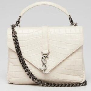 Yves Saint Laurent White Croc Embossed Leather Monogram Medium College Bag